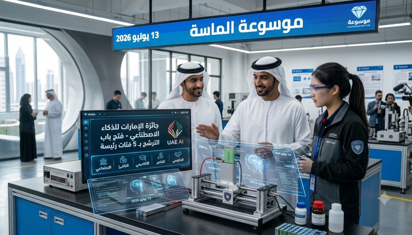 مسؤولون إماراتيون يرتدون الزي التقليدي يستعرضون الفئات الخمس الرئيسة لجائزة الإمارات للذكاء الاصطناعي على شاشات متطورة في مختبر تقني مع ظهور شعار موسوعة الماسة.