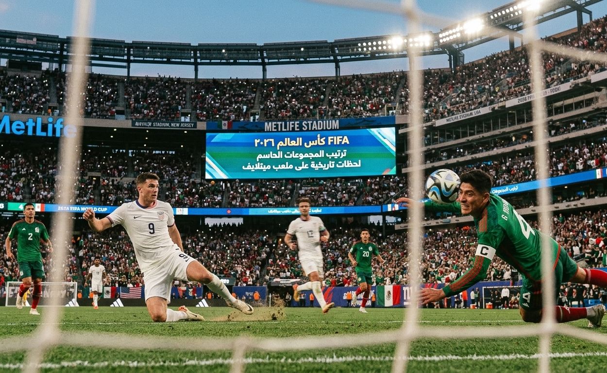 لقطة حماسية من مباراة كرة قدم توضح صراع المنتخبات لحسم ترتيب مجموعات كأس العالم 2026 في ملعب ميتلايف