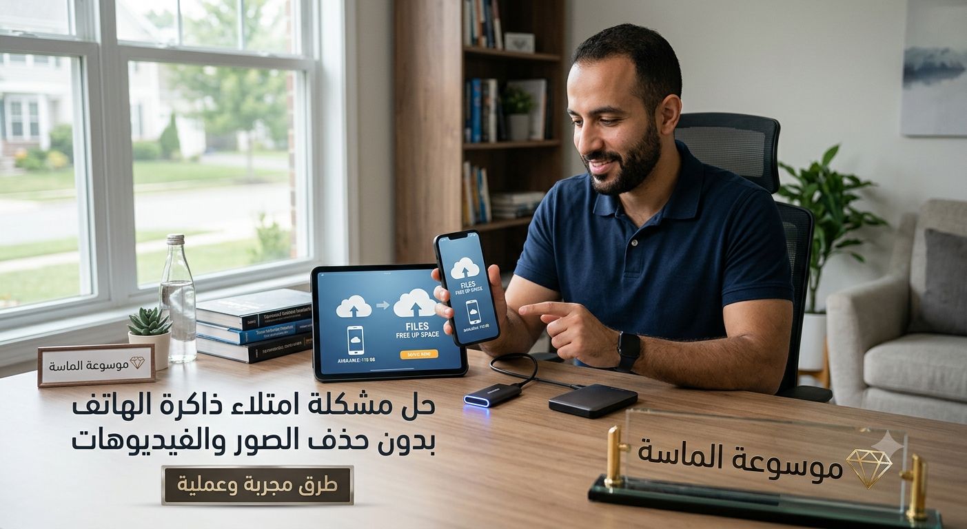 شخص يحل مشكلة امتلاء ذاكرة الهاتف عبر نقل الملفات والتخزين السحابي - موسوعة الماسة